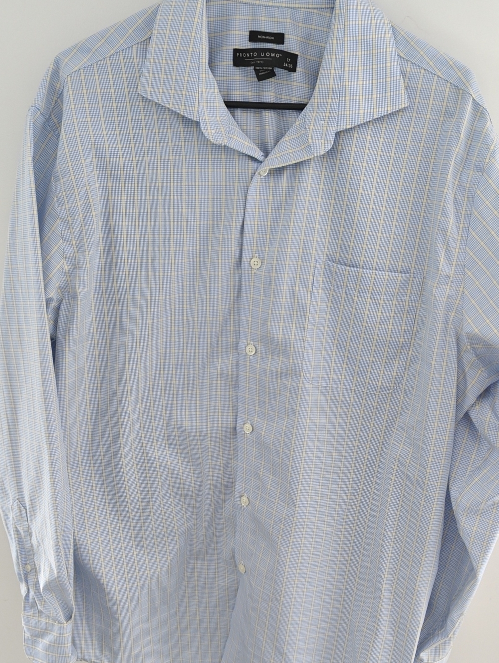 Pronto Uomo Blue and White Checked Dress Shirt, Men's 17, 34/35